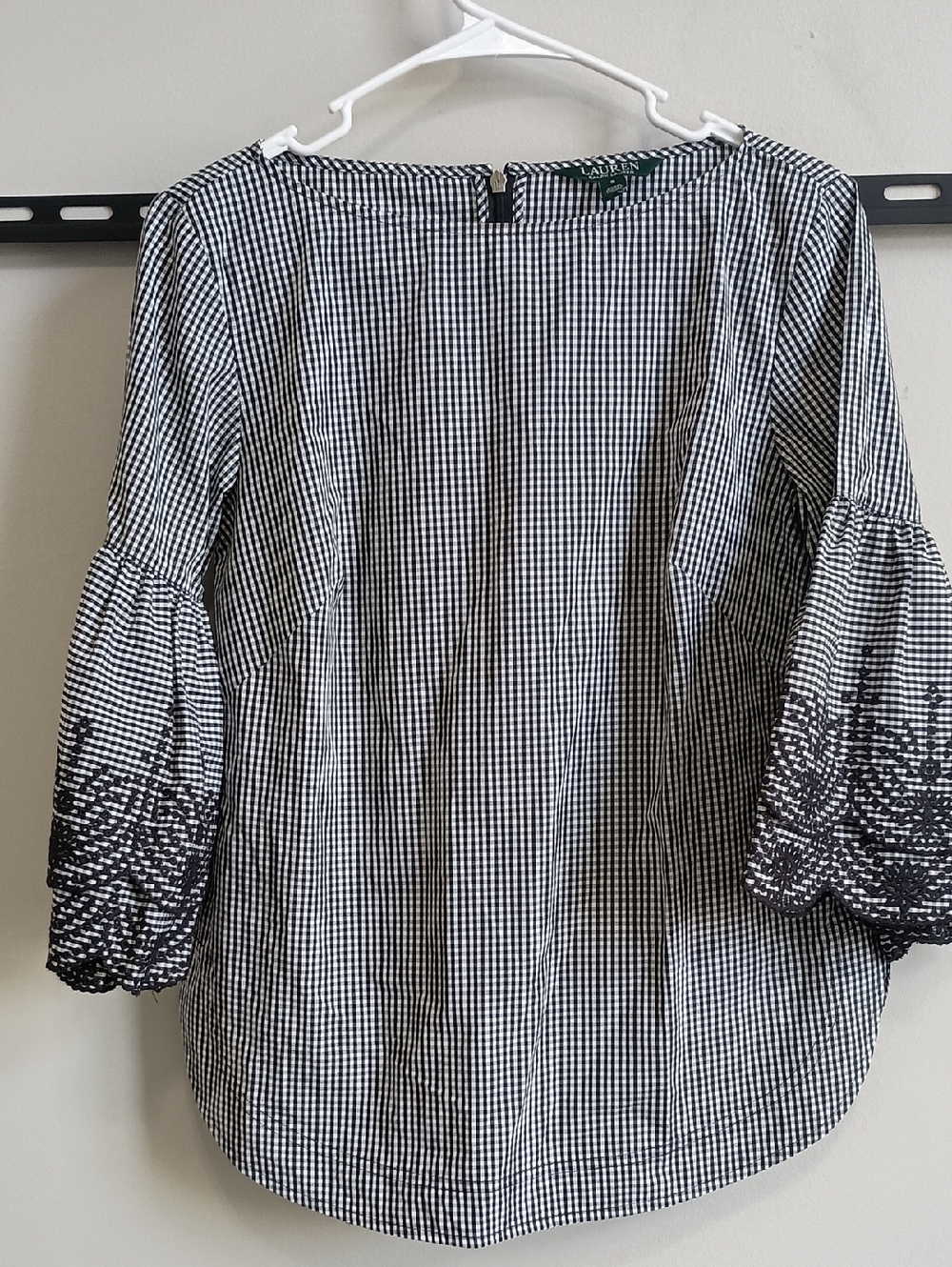 Lauren Ralph Lauren Black & White Gingham Bell Sleeve Top